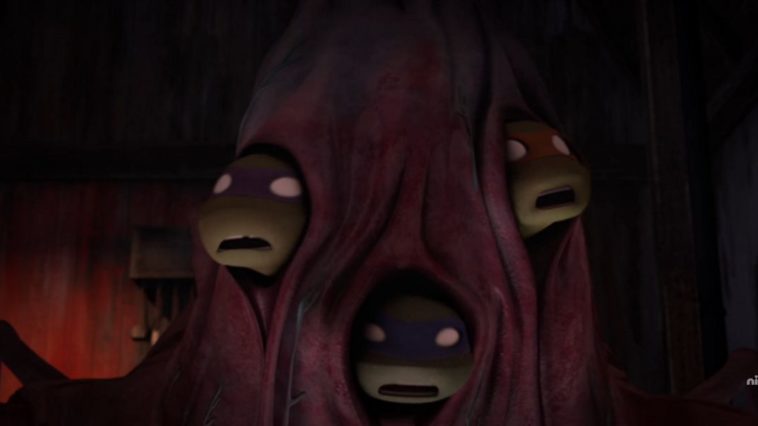 Donatello, Leonardo, and Michelangelo, mouths slack and eyes pure white, poking their heads out of slits in the long, fleshy neck of April's "mother".