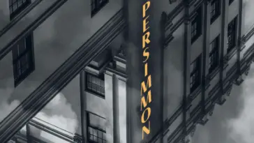 A black and white rendition of a hotel, viewed upside down. The word Persimmon is highlighted in gold lettering