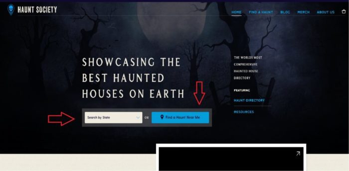 The homepage for Haunt Society, put in your state or allow your computer to access your location for location pings