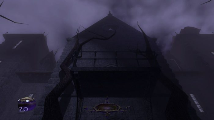 Garret looks up at the ominous Shalebridge Cradle from a first person perspective in Thief Deadly Shadows
