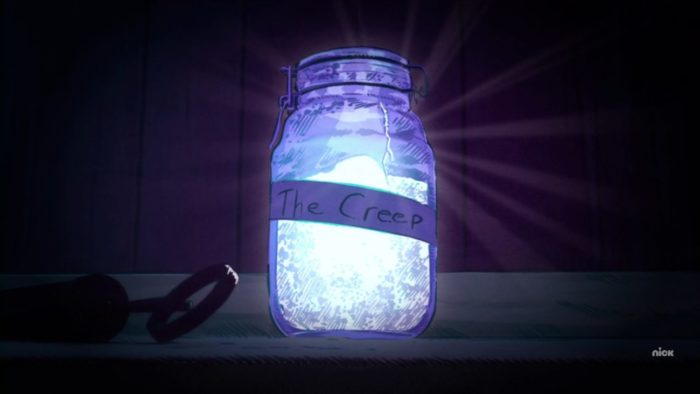 A 2-dimensional screenshot of a jar containing a glowing bright white substance. The jar is labeled "The Creep" and has a crack just above the label.