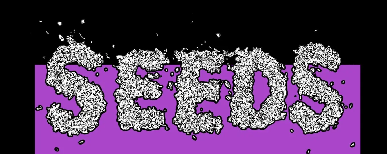 The words SEEDS is made up of small seeds and twigs, in front of a purple and black background