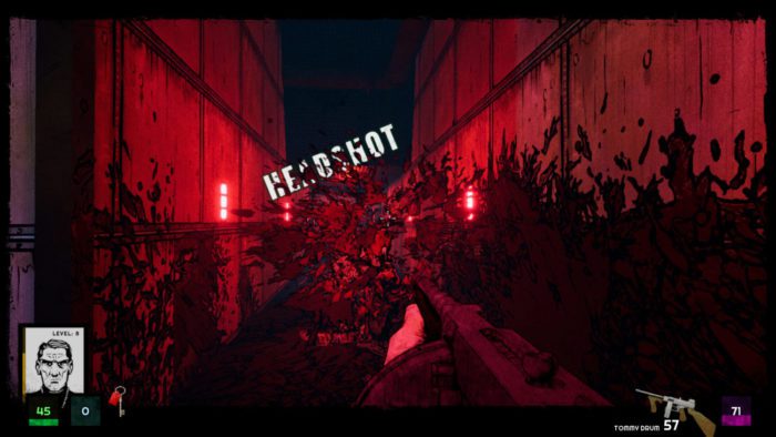 a monster explodes with the word HEADSHOT! overlaid. the player character holds a tommy gun.
