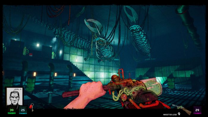 a large blue room with whale skeletons hanging from the ceiling
