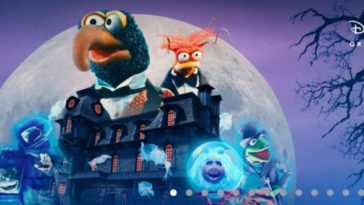 Gonzo the Great and Pepé the King Prawn look out over the Haunted mansion before a full moon, next to the title, "Muppets Haunted Mansion."