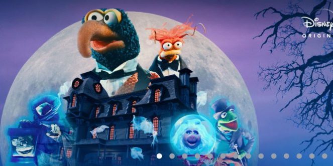 Gonzo the Great and Pepé the King Prawn look out over the Haunted mansion before a full moon, next to the title, "Muppets Haunted Mansion."