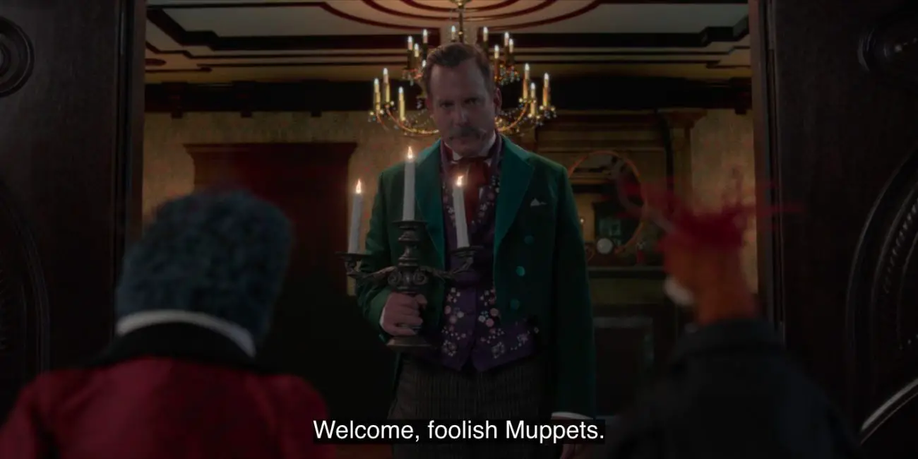 Host (Will Arnett) says, "Welcome, foolish Muppets," to Gonzo and Pepé the King Prawn in the Haunted Mansion, in the 2021 special, "Muppets Haunted Mansion."