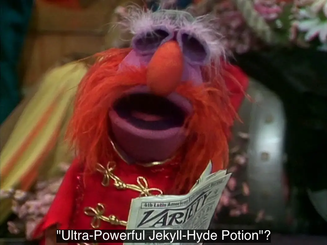 Floyd Pepper looks at the camera and asks in confusion, "Ultra-Powerful Jekyll-Hyde Potion?", from the TV show, "The Muppet Show."