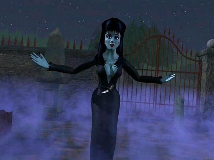 Dot stands with her arms spread, wearing a skin tight black dress in a cemetery filled with fog