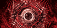 a large, red, distorted eye sorrounded by swirls and spikes