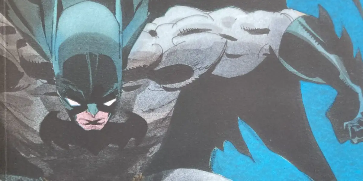 batman swoops from the sky in a close up of the cover for Batman: The Long Halloween
