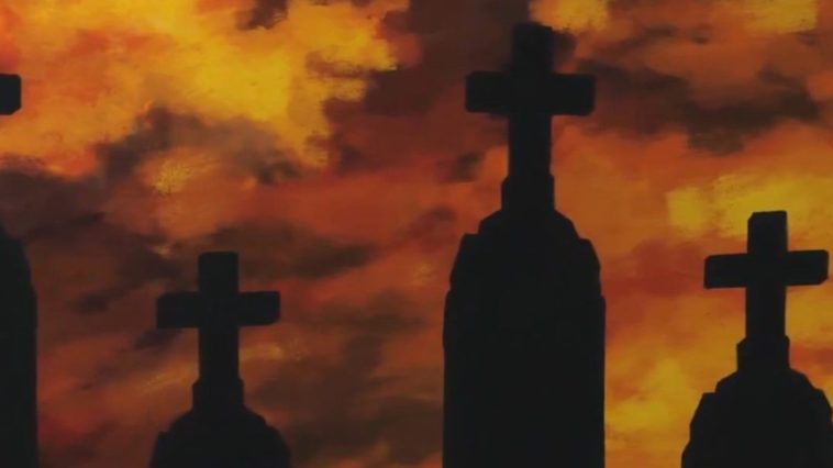 Silhouettes of tombstones stand against an evil-looking fiery orange sky.