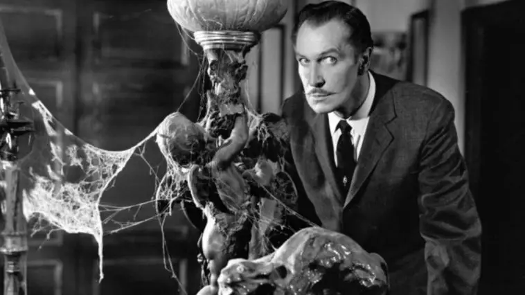 Vincent Price in House on Haunted Hill (1959), looking suspicious while surrounded by furniture laden with cobwebs