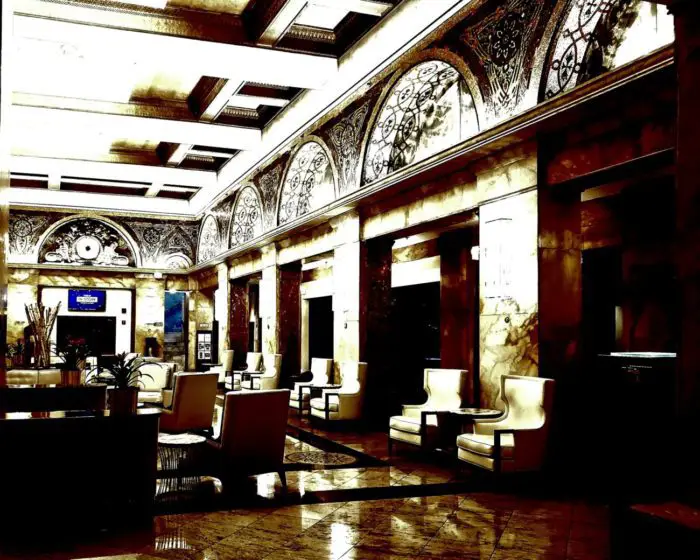 The ornate lobby of the Congress Plaza Hotel