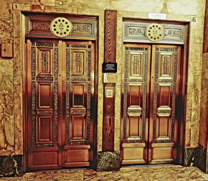 Baroque elevator doors of the Congress Plaza Hotel