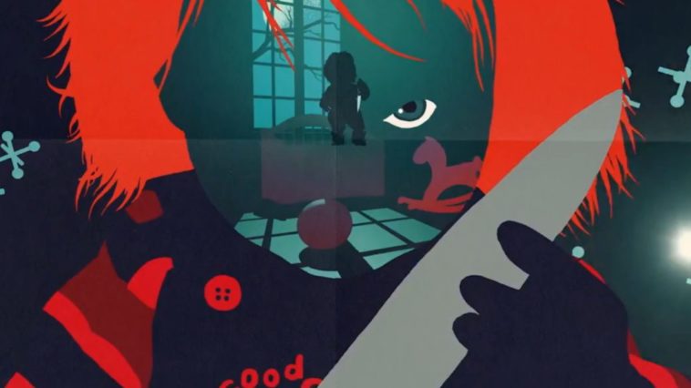 Animated card with Chucky holding a knife and staring at the camera in the intro for the series, "Behind the Monsters."
