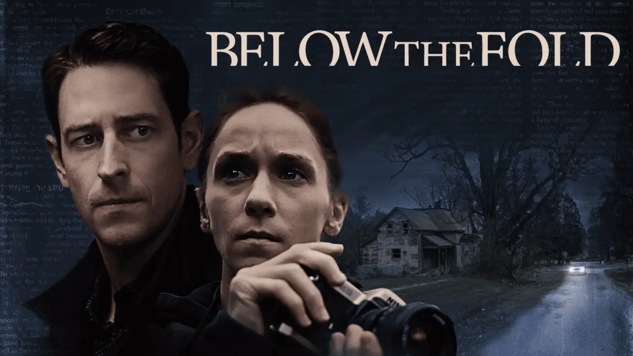 David and Lisa (holding a camera) are overlaid on a photo of a dark house