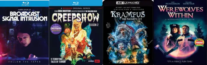 Blu Ray cover art for Broadcast Signal Intrusion, Creepshow: Season 2, Krampus: The Naughty Cut 4K, and Werewolves Within