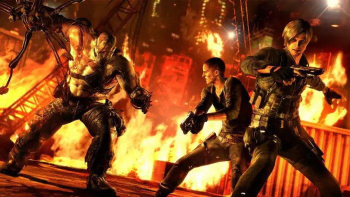 Leon Kennedy and Jake Muller, both armed, run from the giant Ustanak as it chases them through a burning shipping yard.