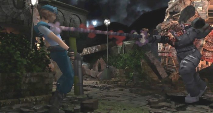 The tyrant Nemesis infects Jill Valentine with a long, purple tentacle in the ruins of the Raccoon City clock tower. 