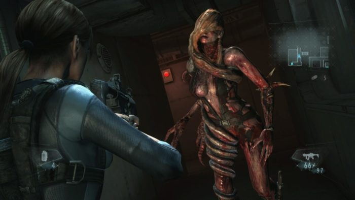 Jill Valentine raises her gun at a scantily clad government agent who's been infected by the T-Abyss virus.