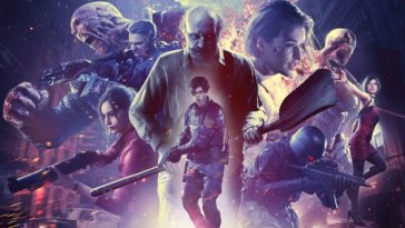 A montage of Resident Evil characters including Leon Kennedy, Chris Redfield, Claire Redfield, Ada Wong, and HUNK wielding guns; Nemesis and Mr. X charging to the sides; Jack Baker holding a shovel; and Jill Valentine staring determined to the right.