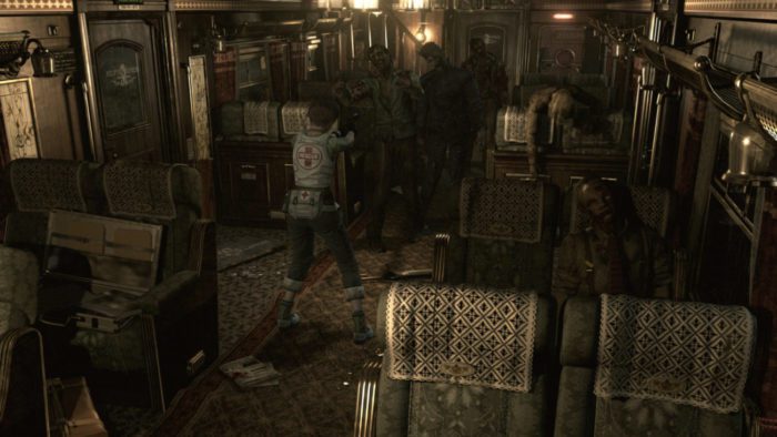 Rebecca Chambers aims her gun at several zombies that are approaching her in a train car.
