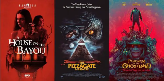 A House on the Bayou, The Pizzagate Massacre, and Prisoners of the Ghostland posters