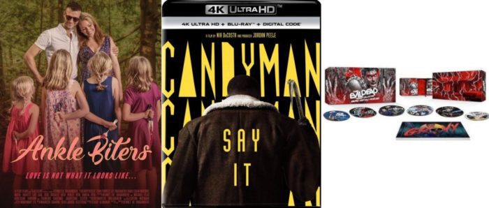 The poster for Ankle Biters, 4k blu-ray for Candyman (2021), and the collectors set for The Evil Dead: Groovy Collection