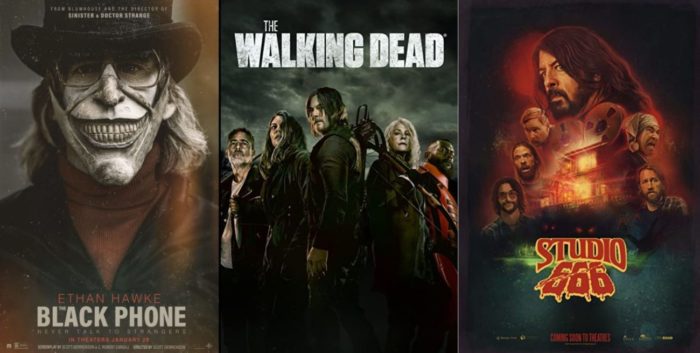 Posters for The Black Phone, The Walking Dead, and Studio 666