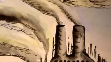 a watercolour paiting of a factory with smokestacks., the smoke rising into the sky. several birds are visible