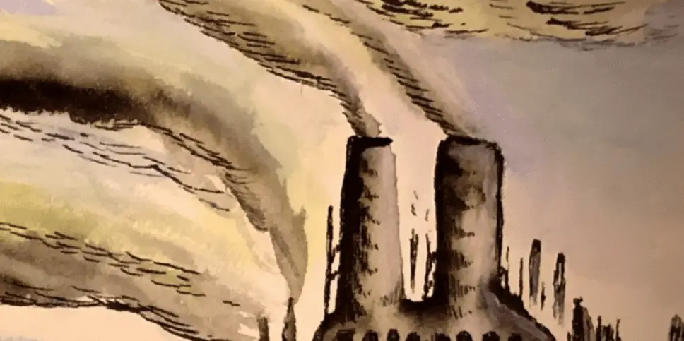 a watercolour paiting of a factory with smokestacks., the smoke rising into the sky. several birds are visible
