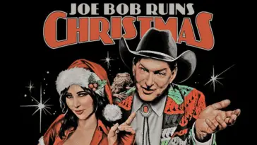 the promotional art for "Joe Bob Ruins Christmas" featuring Darcy and Joe Bob dressed in red and white Christmas outfits