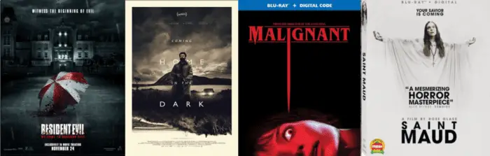 Theatrical posters for Resident Evil: Welcome to Racoon City and Coming Home in the Dark next to Blu-Ray cover art for Malignant and Saint Maud