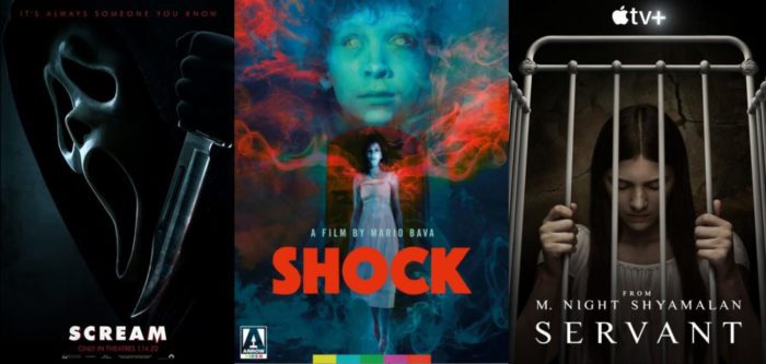 Scream (2022) poster next to the cover art for Shock and the poster for M. Night Shyamalan