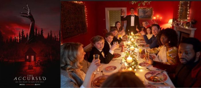 The Poster for Accursed and the first image of a crowded table full of people toasting their last night on Earth in Silent Night (2021).
