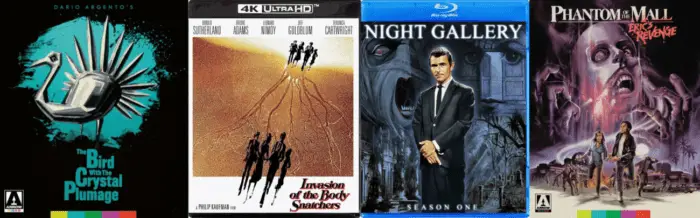 Box art for the upcoming releases of The Bird with the Crystal Plumage, Invasion of the Body Snatchers, Night Gallery: Season One, and Phantom of the Mall: Eric's Revenge
