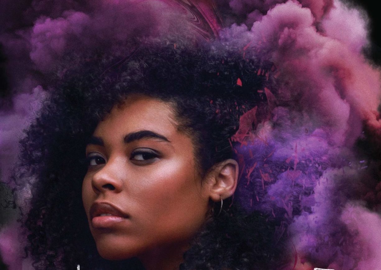 A black girl's face is framed by a cloud of purple smoke coming from a house in the middle of the frame. Over the top of the image are white letters that say "White Smoke"