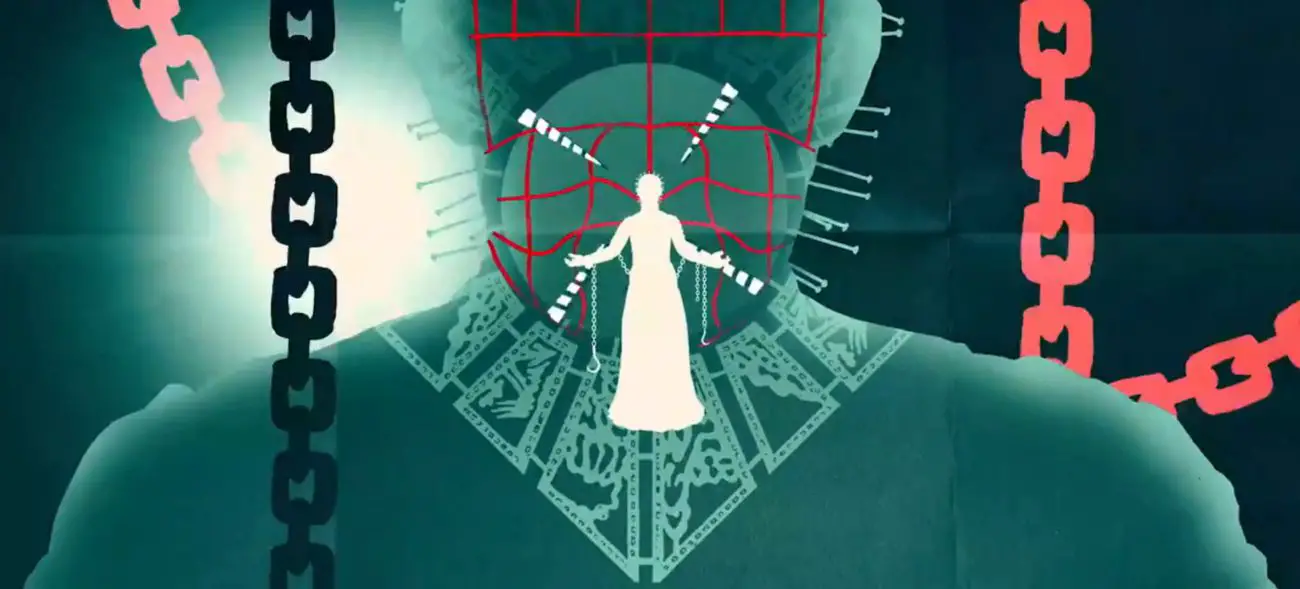 Animated card with Pinhead standing with his arms out in the intro for the series, "Behind the Monsters."