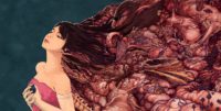 a woman's hair transforms into a pile of flesh and organs