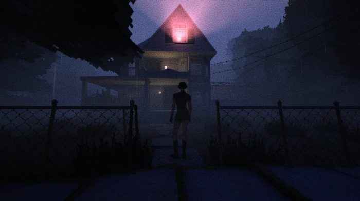 a young woman walks up to an old house with an ominous red light shining from the attic window