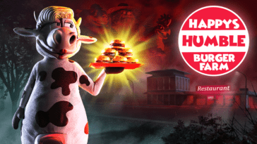 an anthropomorphized heifer with blonde hair holds a plate of burgers, next to the logo for Happy's Humble Burger Farm