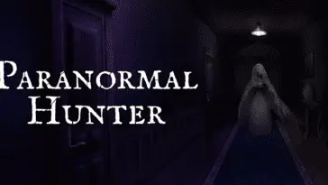 A ghostly spectre floats down a hallway next to the logo for Paranormal Hunter