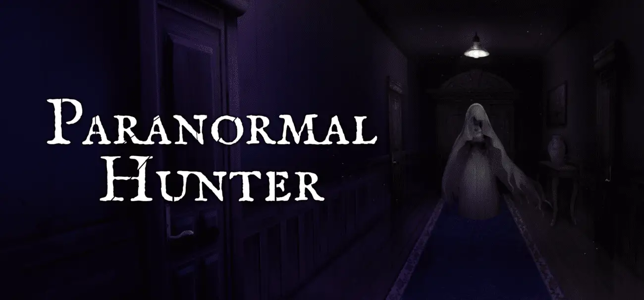 A ghostly spectre floats down a hallway next to the logo for Paranormal Hunter