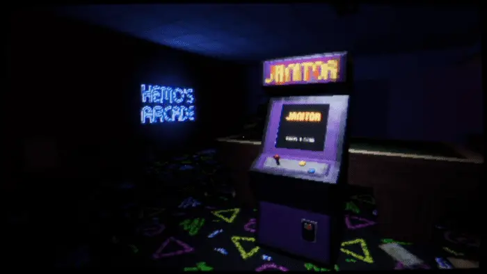 a retro arcade. the lights are off except for a neon sign and an arcade cabinet for the game JANITOR