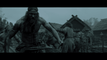Amleth blazes through a village, killing anyone that gets in his way