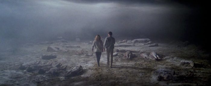 A long, slightly high angle shot of a man and woman, seen from behind, walking side by side into a barren wasteland, bodies strewn on the ground around them while the background recedes into fog and darkness.