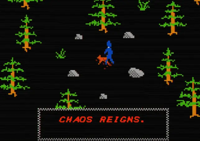  a simplistic pixelated game. a blue man walks through a forest. he interacts with a dead fox that says "Chaos Reigns"
