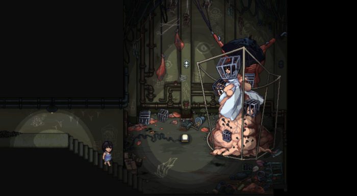 a woman walks down a set of stairs towards a giant mass of flesh and metal, depicted in pixel art style