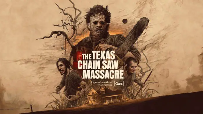 Promotional art for The Texas Chain Saw Massacre game, featuring Leatherface holding a chainsaw and several survivors